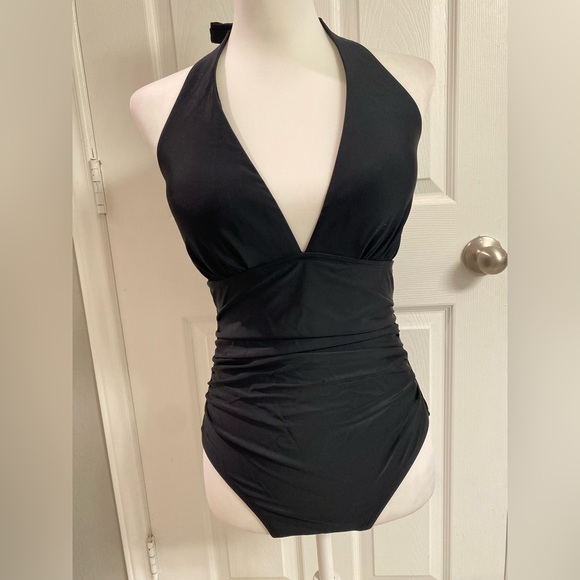 DKNY Solid Black Halter Deep V-Neck One-Piece Bathing Suit Ruched Medium - Picture 6 of 10